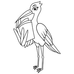 Cartoon white stork reading book line art