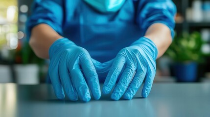 Medical mask and gloves, close-up of hands putting on gloves, mask on a table