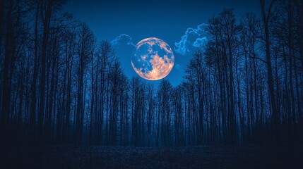 Full moon rising over a dark forest at night.