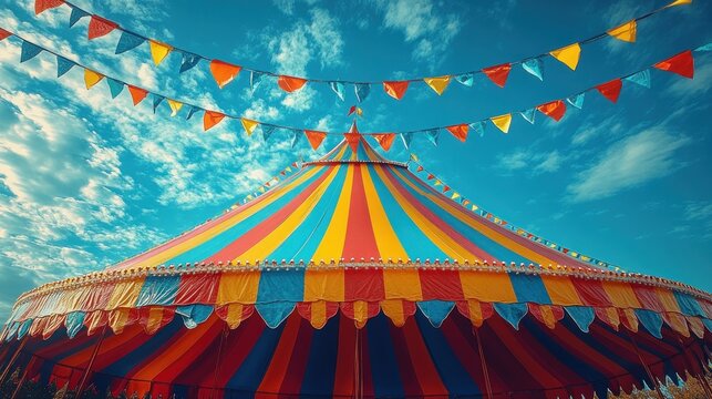 Colorful circus tent under sunny sky, bunting flags
