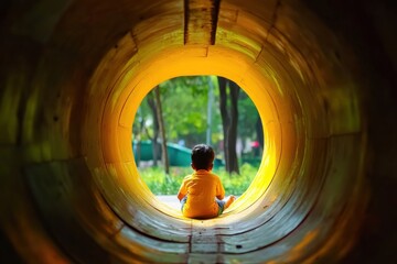 Young Child Enjoys Fun Day at the Park, Sliding Down a Bright Yellow Tunnel Slide Surrounded by Green Trees and Sunlight, Capturing Joyful Moments in Nature