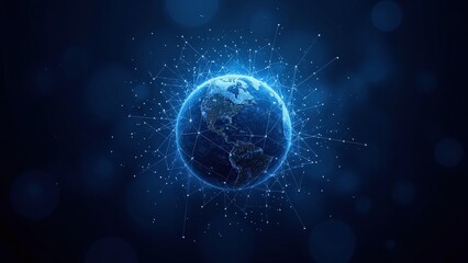 Fototapeta premium Eye-level view of a luminous blue Earth, encircled by a web of interconnected lines and dots. Centered against a deep azure backdrop dotted with tiny stars