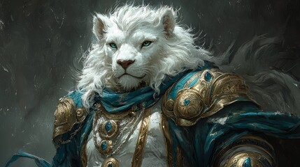 Majestic white lion warrior, fantasy portrait, dark background, game art