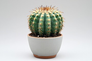Spiky green cactus in a light grey pot.