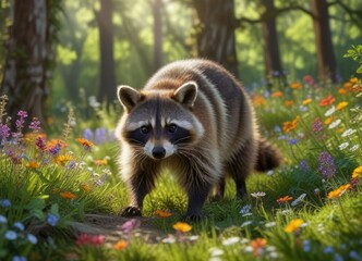 Obraz premium A raccoon is seen delicately sniffing a patch of colorful wildflowers in a sun-dappled forest clearing , foliage, , animal behavior