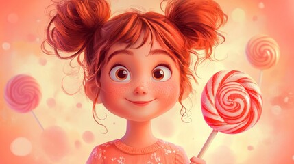Fototapeta premium Adorable Cartoon Girl with Lollipops: A Sweet Delight