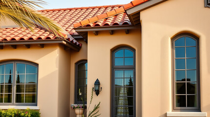 Mediterranean House Exterior: Spanish Villa Architecture, Beige Facade, Red Roof Tiles, and Elegant Windows