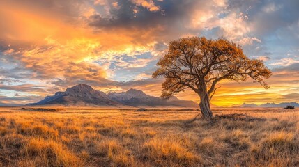 Obraz premium Lone tree sunrise, golden plains, mountain backdrop, serene landscape, nature photography