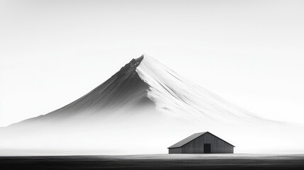 Solitary barn, snowy peak, misty plain, serene landscape, nature photography