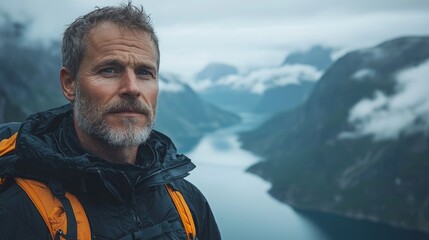 Mature man hiking fjord landscape, contemplating nature's beauty. Use Travel/adventure blog