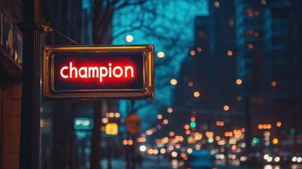 Neon Sign Reading "Champion" Illuminates a Bustling City Street with Blurred Nighttime Traffic Creating a Vibrant Urban Atmosphere