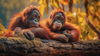 Two orangutans leaning on a log in a lush, green setting