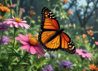 Fototapeta premium A solitary monarch butterfly sipping nectar from a flower in a garden full of butterflies, solitary, wildlife, garden