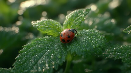 Ladybug on Dew-Covered Leaves in a Sunlit Garden
