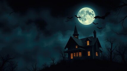 Fototapeta premium A spooky haunted house with ghostly figures and bats flying around on a full moon night, Halloween, full moon