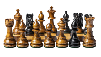 Chessboard Strategy: A classic chessboard with wooden pieces in black and brown tones arranged strategically, ready for a strategic game of intellect and wit.  