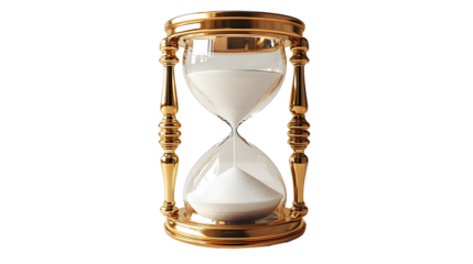 Golden Hourglass:  A classic hourglass with golden frame, the white sand slowly trickles through the narrow neck, symbolizing the passage of time, ephemerality, and the fleeting nature of moments.