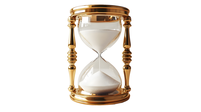 Golden Hourglass:  A classic hourglass with golden frame, the white sand slowly trickles through the narrow neck, symbolizing the passage of time, ephemerality, and the fleeting nature of moments.