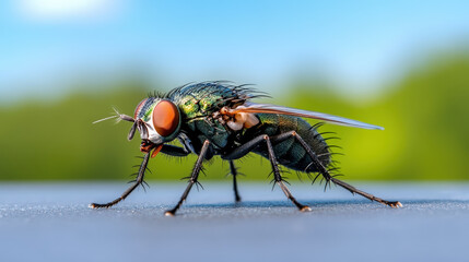 common green bottle fly standing isolated on surface, showcasing vibrant colors and intricate details