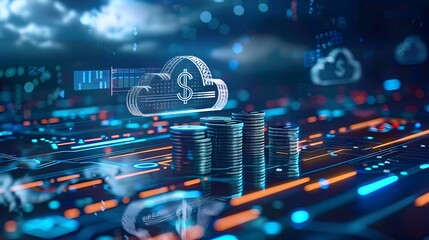 Cloud Computing Cost Efficiency, cost efficiency in cloud computing with an image showing pay-per-use pricing models, resource optimization techniques