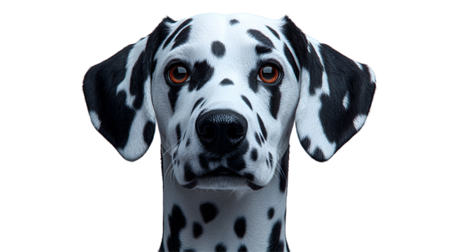Dalmatian Portrait: A close-up portrait of a dalmatian dog, capturing its distinctive black and white spotted coat, piercing gaze, and adorable expression.