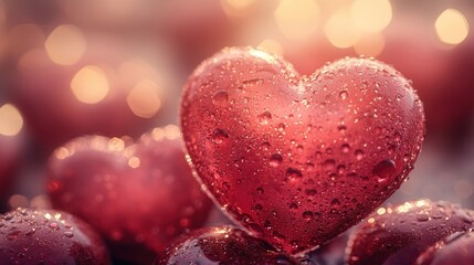 Fototapeta premium Dewy red heart, bokeh background, Valentine's, romance