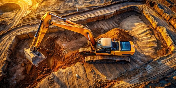 Construction site drone image: excavator's arm artfully forms "VE" initials, a breathtaking aerial perspective.