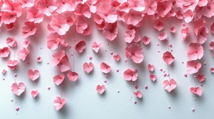 Fototapeta premium Pink paper flowers wall backdrop, hearts, romantic