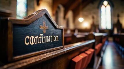 Long wooden pews inside a historic church with a focus on a confirmation sign, showcasing stained glass windows and soft ambient lighting, capturing the solemnity of religious tradition.
