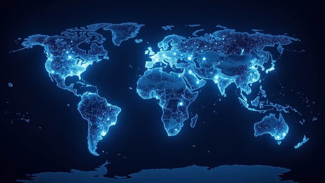 Elegantly designed world map with interconnected dotted lines, highlighting nations and continents. Dots shimmer softly against the deep blue backdrop, creating a sophisticated global tapestry