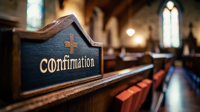 Long wooden pews inside a historic church with a focus on a confirmation sign, showcasing stained glass windows and soft ambient lighting, capturing the solemnity of religious tradition.
