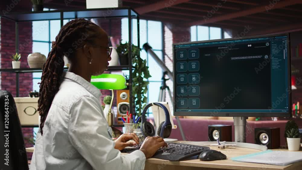 Fototapete Woman solving personal tasks with AI LLM chatbot answering prompts using predictive technology. Person using computer in apartment to interact with large language model program, camera A
