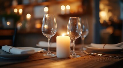 Obraz premium Rustic dining room setup, close-up of wooden table with elegant dinnerware, soft candlelight creating warmth