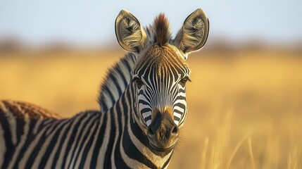 Fototapeta premium Safari animals in the wild, close-up of zebra stripes, African savannah in the background