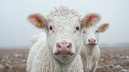Obraz premium Two white Charolais cattle stare, foggy field. Agricultural use