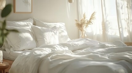 Scandinavian bedroom design, close-up of white linens and soft wooden accents, bright natural light