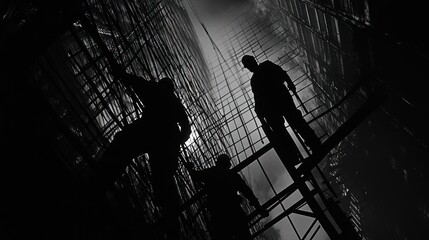 Construction workers silhouetted against scaffolding.
