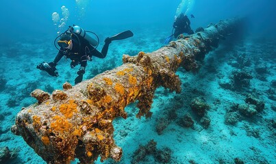 Fototapeta premium Two scuba divers explore an underwater pipe.