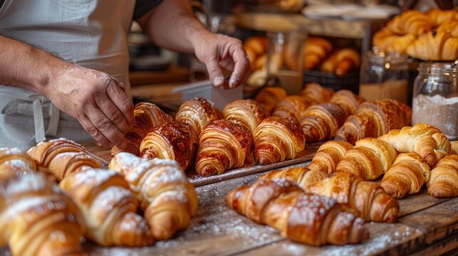 Baker Arranging Freshly Baked Croissants