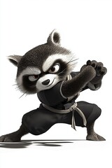 A fierce cartoon raccoon in a martial arts pose, ready to take on challenges with determination and skill.