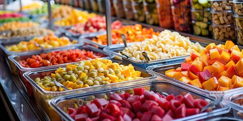Obraz premium Assortment of vibrant and colorful fruits and vegetables on display in a market setting with a variety of sliced and whole options arranged in trays