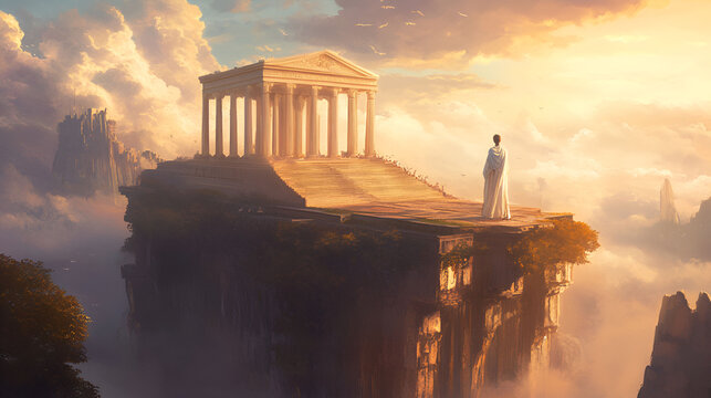 A solitary figure gazes upon a temple atop a high cliff