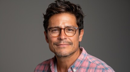 Portrait of a Middle-Aged Man: Confident Expression with Glasses and a Checkered Shirt, Showcasing Modern Casual Fashion and Personal Style in Studio Lighting