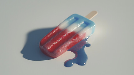 A single, red, white, and blue themed popsicle melting slightly on a clean, white surface.