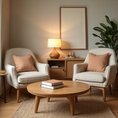 A cozy modern living room with natural wood furniture, beige and orange cushions, indoor plants, and soft sunlight streaming through a large window. Generative, AI,