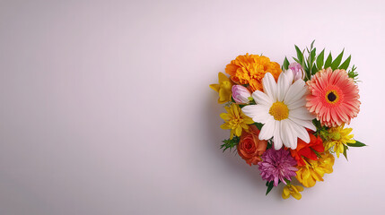 heart shaped arrangement of colorful flowers on white background