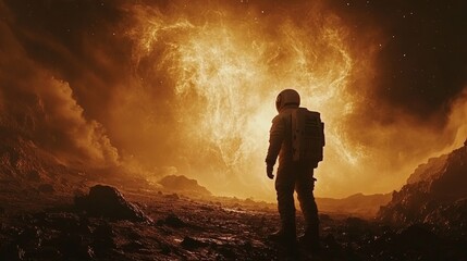 Obraz premium A lone astronaut standing on the surface of a dark, alien planet, looking at a massive, glowing nebula in the sky, melancholic and awe-inspiring