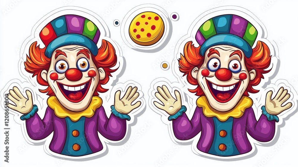 Poster colorful clown characters with bright smiles and playful expressions holding cookies and surrounding
