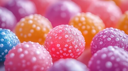 Colorful Gummy Candy Close-up with Droplets on Surface Detailed Macro Shot