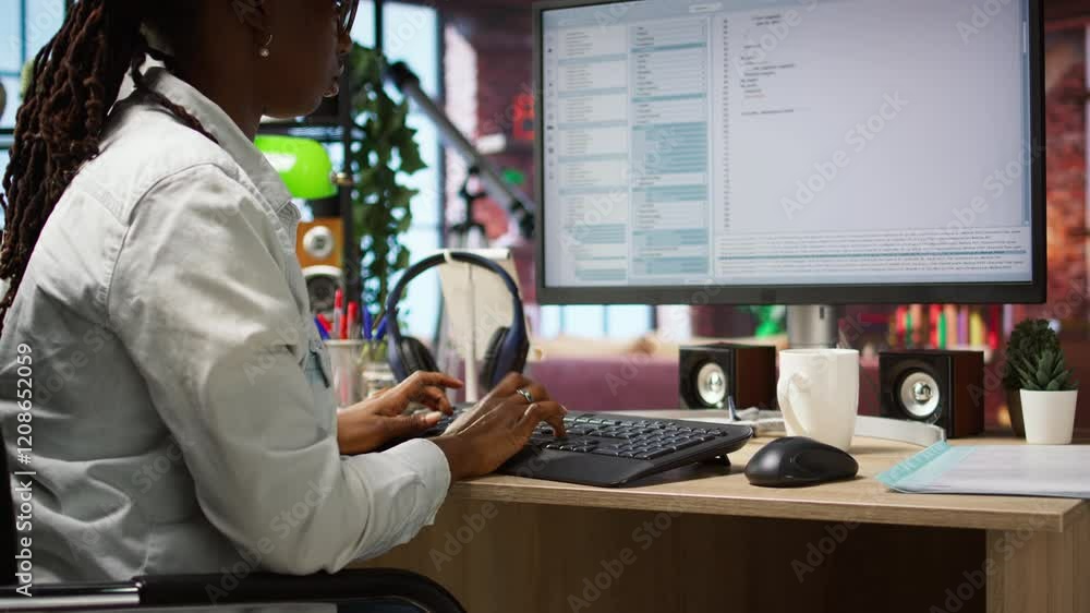 Poster Coder at workstation programming on PC, writing lines of code, using development tools, feeling stressed. Woman in home office having deadline, stressed to finish debugging software, camera A